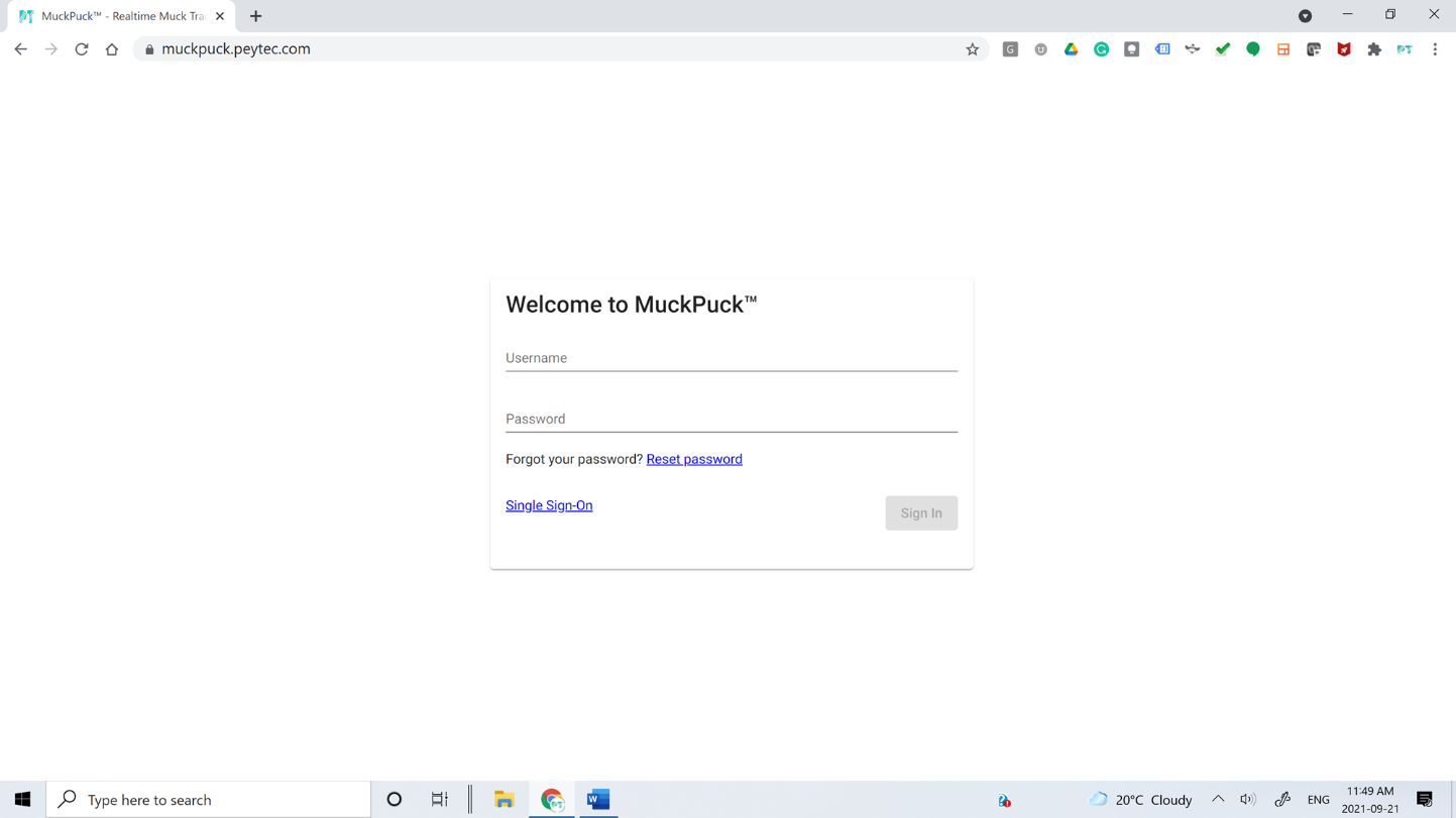 MuckPuck web application sign-in page with username, password, password reset and single sign-on.