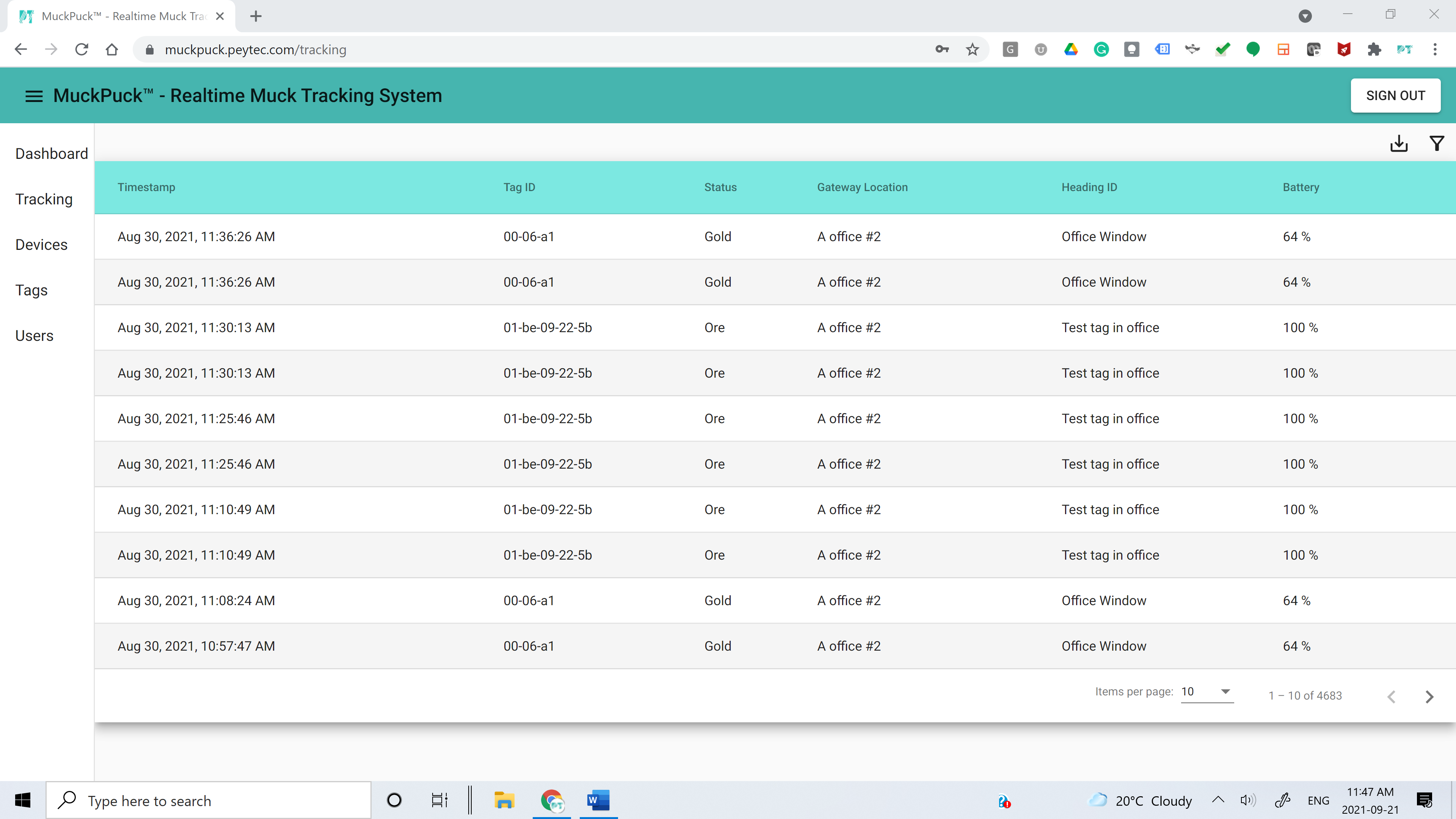 MuckPuck tracking table listing timestamp, tag ID, status, gateway location, heading ID and battery for each event.
