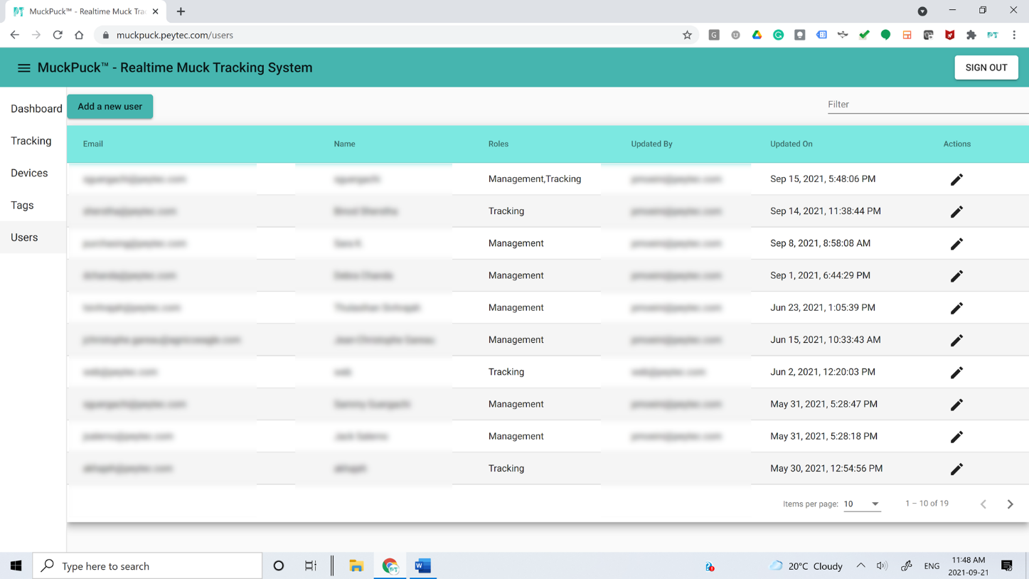 MuckPuck users table listing email, name and assigned roles such as Management and Tracking.