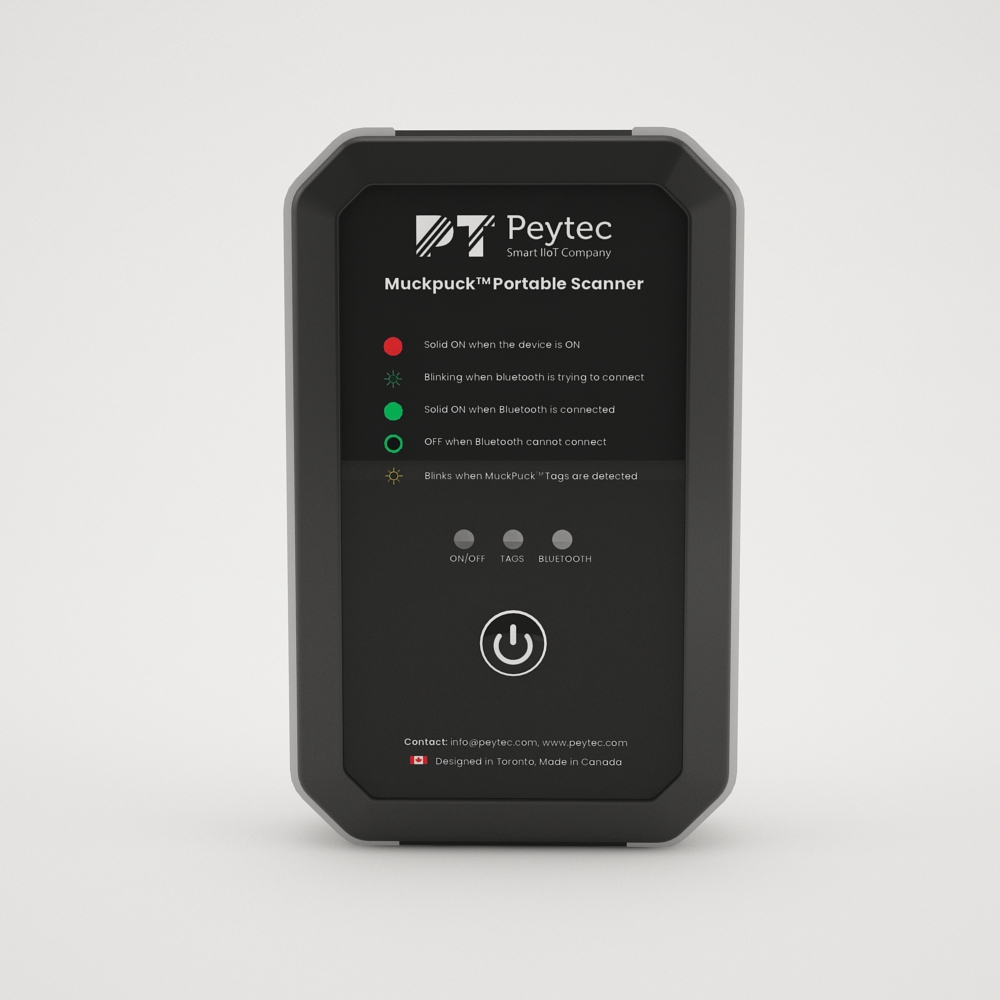 Front view of the MuckPuck Portable Scanner showing its status indicators, buttons and power control.