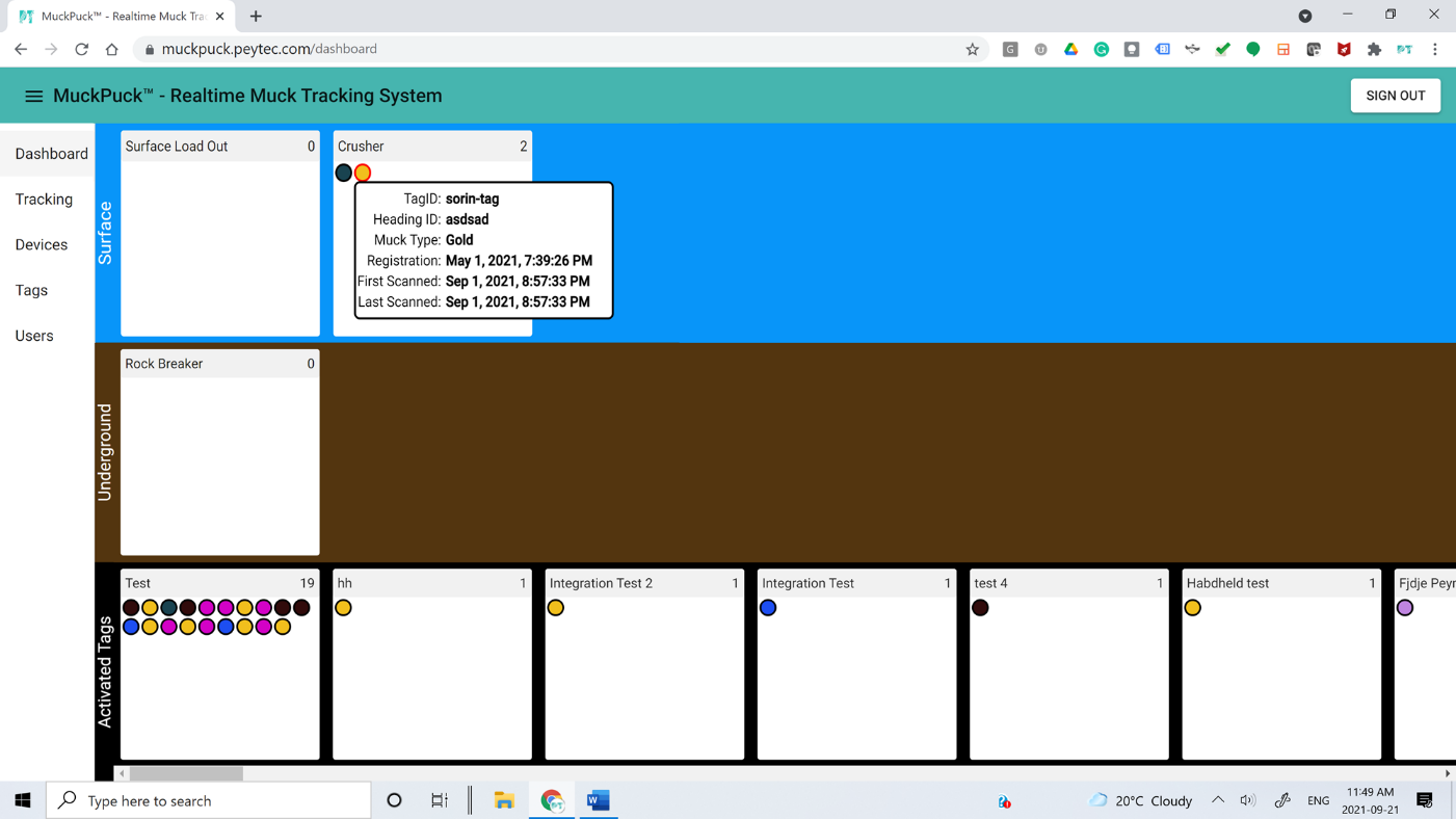 MuckPuck dashboard showing a tag tooltip with tag ID, heading ID, muck type, registration and scan times.