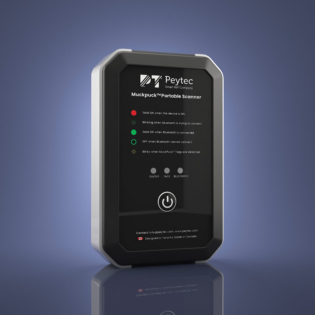 MuckPuck Portable Scanner shown upright from the front with its display and indicators.