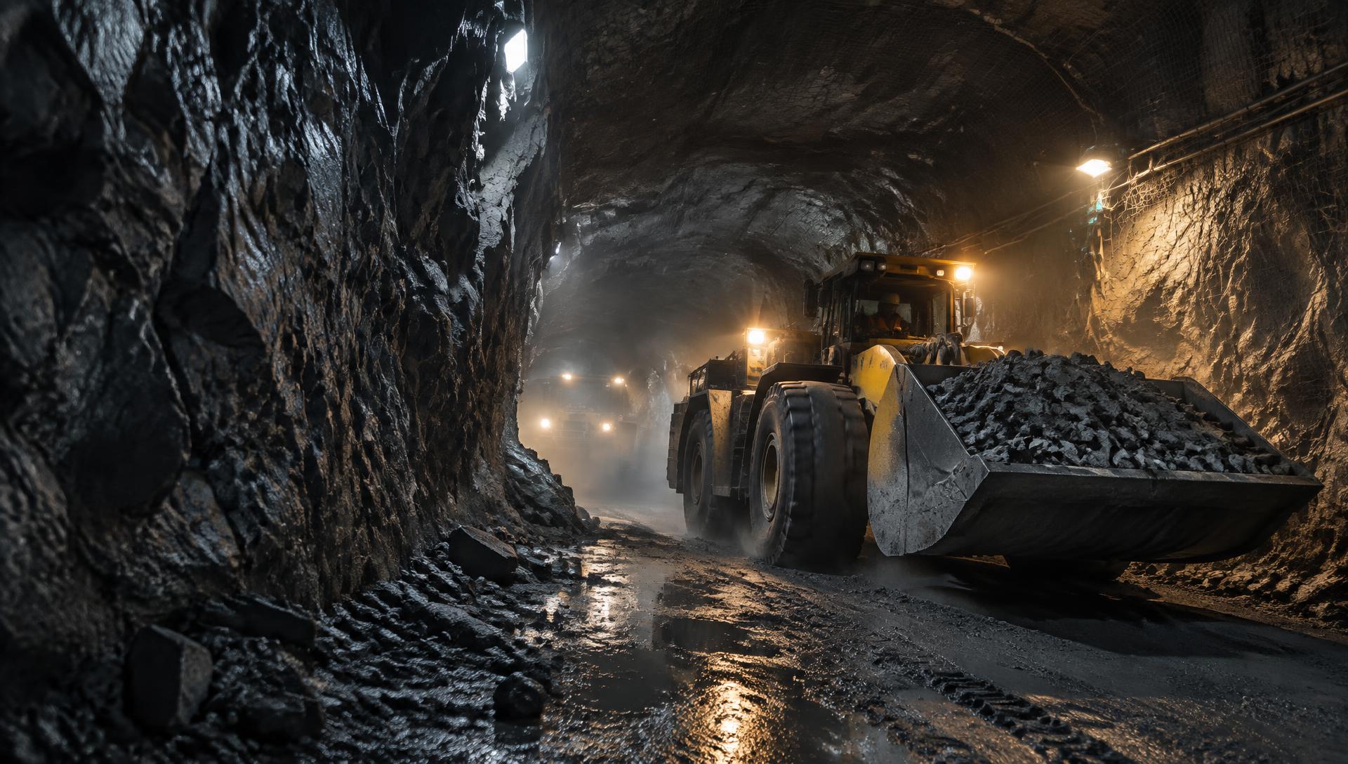 Underground loader moving broken rock through a mine heading.